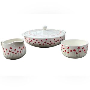 Poppies Collection Baking Dish Creamer and Bowl White and Red Floral Set